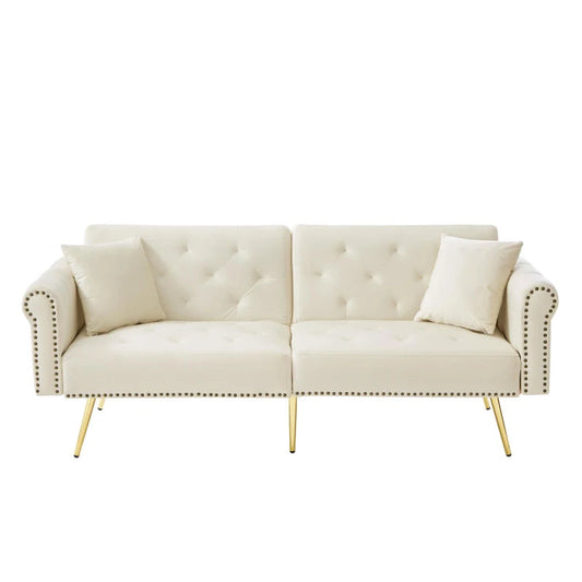 White Velvet 2-Seater Sofa Bed with Independent Backrests and Gold Metal Legs – 177 x 74 x 71 cm