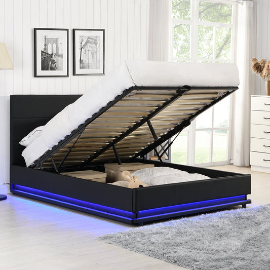 Buxton Faux Leather End Opening Ottoman Bed with Storage Frame with Multi-colour LED Light Strip (Black PU)