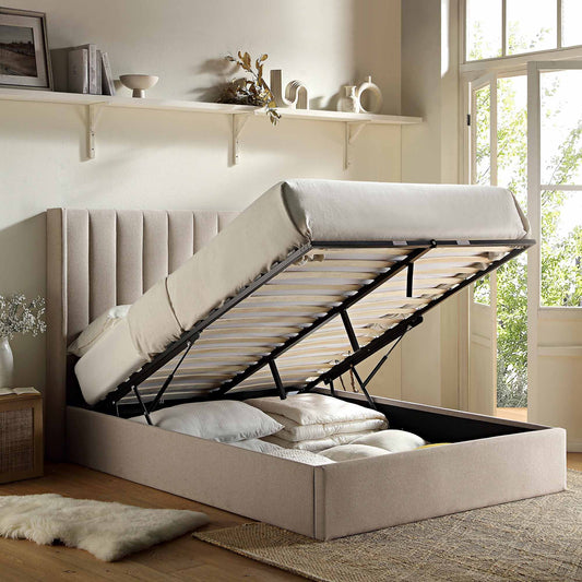 Wilton Warm Stone Fabric Ottoman Bed with Storage