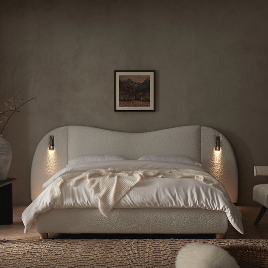 Egerie Extended Headboard Ottoman Bed with Storage, Beige Boucle