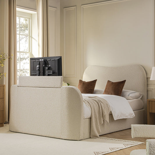 Egerie Curved Headboard Beige Boucle TV Bed with Ottoman Storage