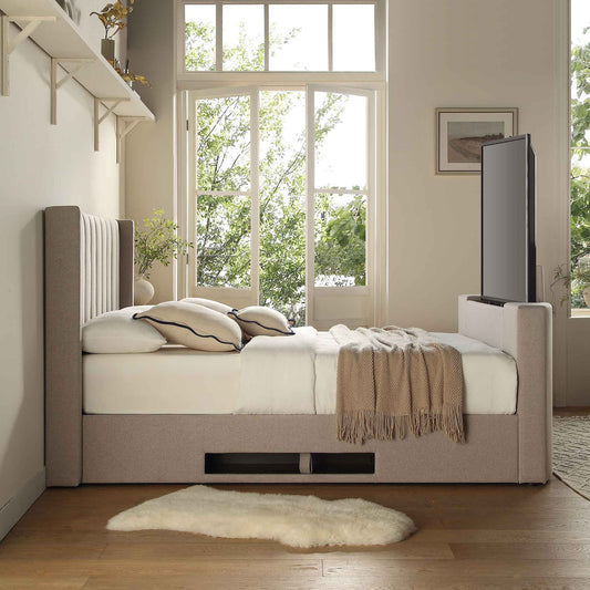 Wilton Warm Stone Fabric TV Bed with Ottoman Storage