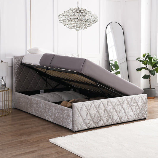 Hayden Crushed Velvet Side Lift Storage Ottoman Bed Upholstered Bed Frame Silver