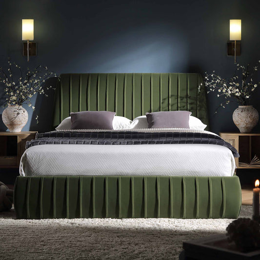 Helia Pleated Ottoman Bed with Storage, Moss Green Velvet