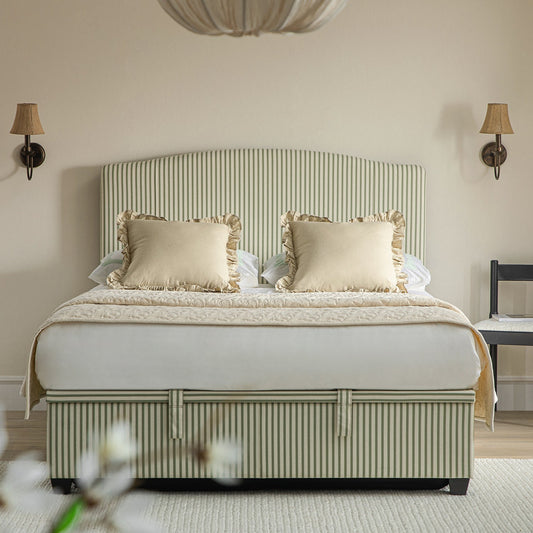 Chilworth Upholstered Ottoman Bed with Storage, Green Stripe Linen Blend