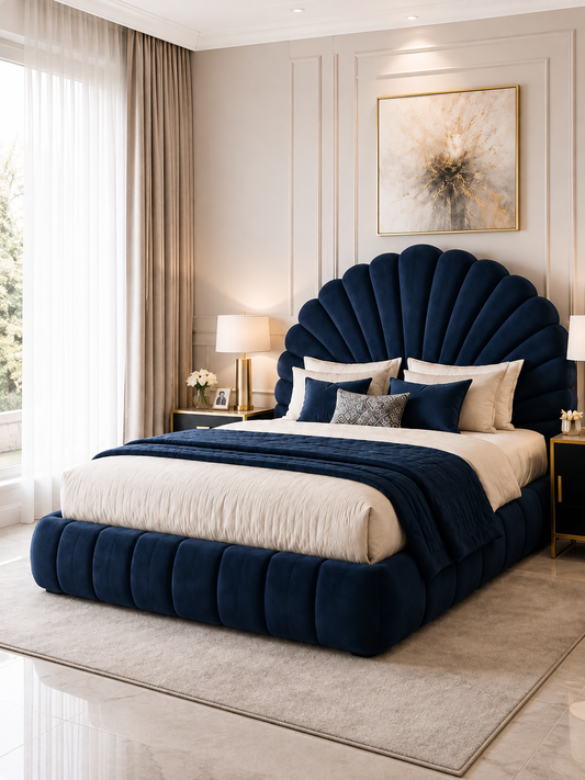 Capri Scalloped Shell Velvet Ottoman Storage Bed – Sapphire Blue shown from the side in a styled bedroom