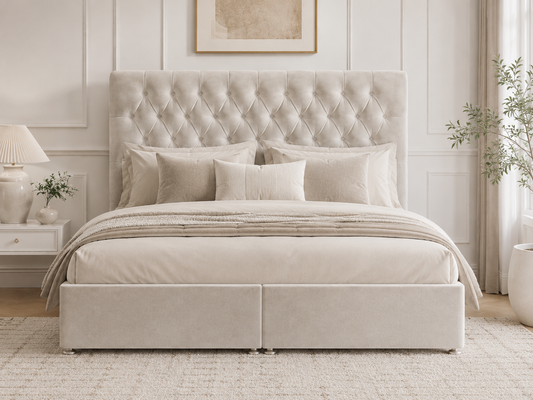 Cadogan Buttoned Ottoman Storage Bed — white ottoman bed in ivory velvet with a deep-buttoned headboard (view 2)