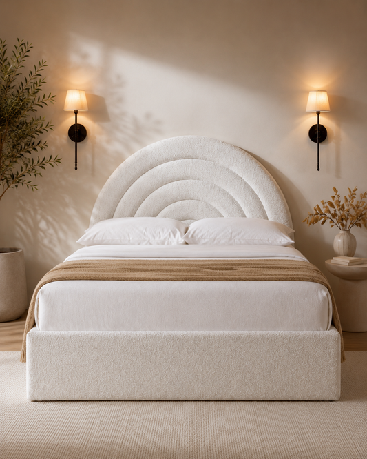 Tetbury — off-white bouclé ottoman bed with an arched headboard (view 2)
