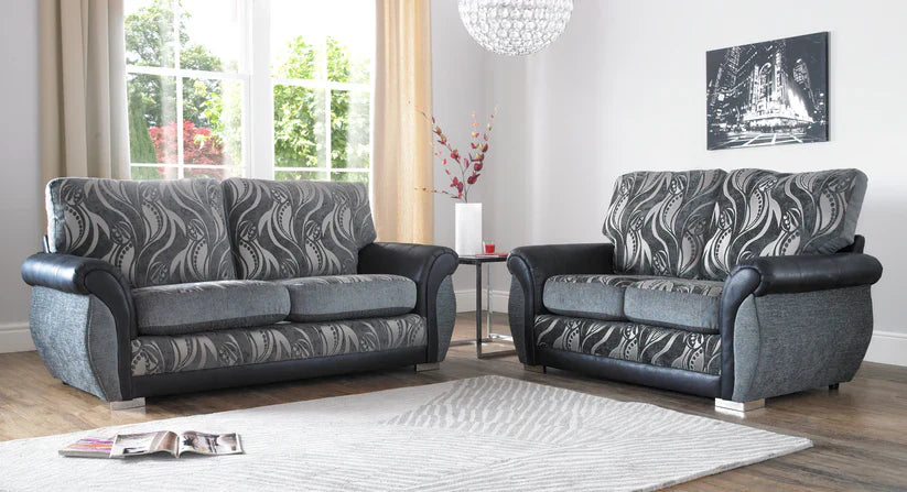 Mandy Handmade Quality Motif Fabric And Black Leather Sofas – view 4