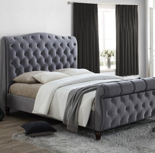 Velvet Sleigh Scroll Footboard Bed Frame