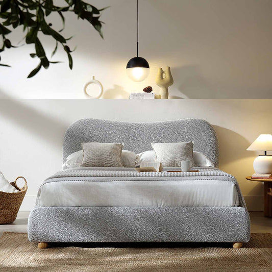 Egerie Curved Headboard Mist Grey Boucle Ottoman Bed with Storage