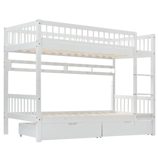 Kids Bunk Bed with Storage Drawer & Shelves - White
