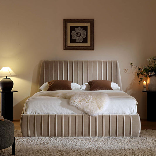 Helia Pleated Ottoman Bed with Storage, Taupe Velvet