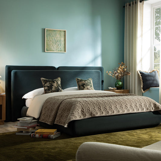 Jolene Layered Wingback Bed with Storage, Aegean Blue Velvet