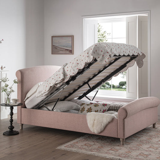 Porchester Ottoman Bed with Storage, Sleigh, Rosewater Pink Fabric