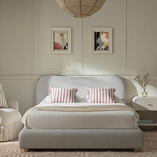 Egerie Curved Headboard Light Taupe Striped Fabric Ottoman Bed with Storage