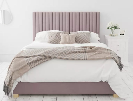 Blush pink plush velvet ottoman bed frame