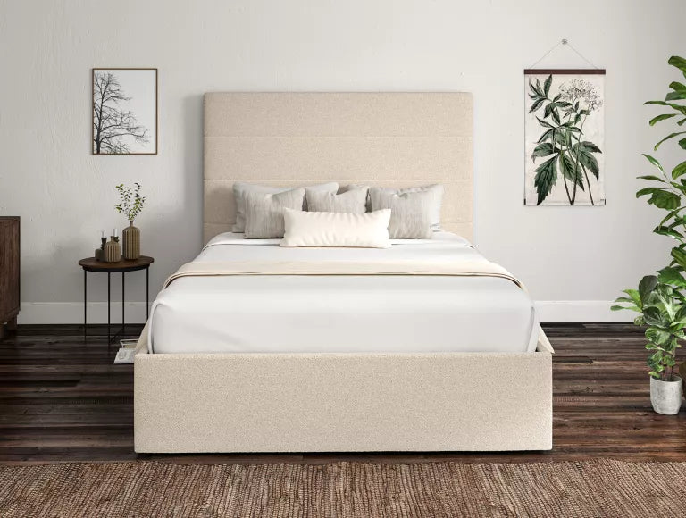 Ivory boucle ottoman storage bed viewed from the front