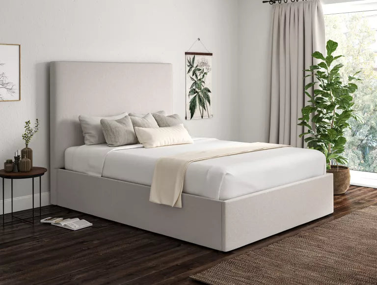 Small double ottoman storage bed in a natural woven fabric