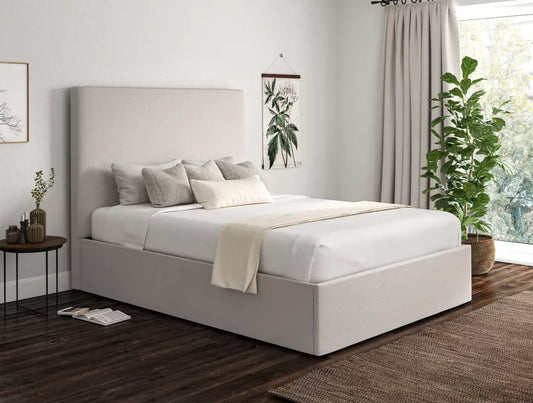 Small double ottoman storage bed in a natural woven fabric