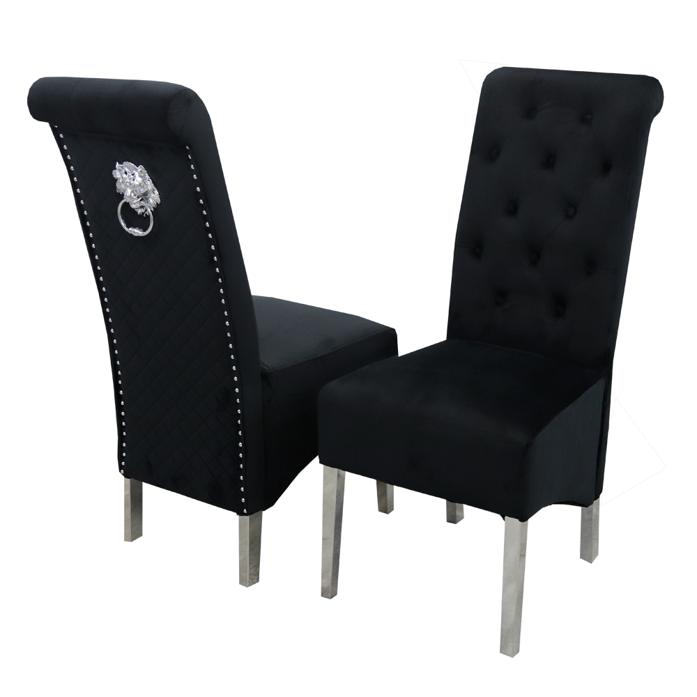EMMA Dinning Chair – Quilted Back, Scroll Top & Chrome Lion Knocker