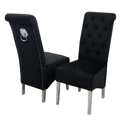 EMMA Dinning Chair – Quilted Back, Scroll Top & Chrome Lion Knocker