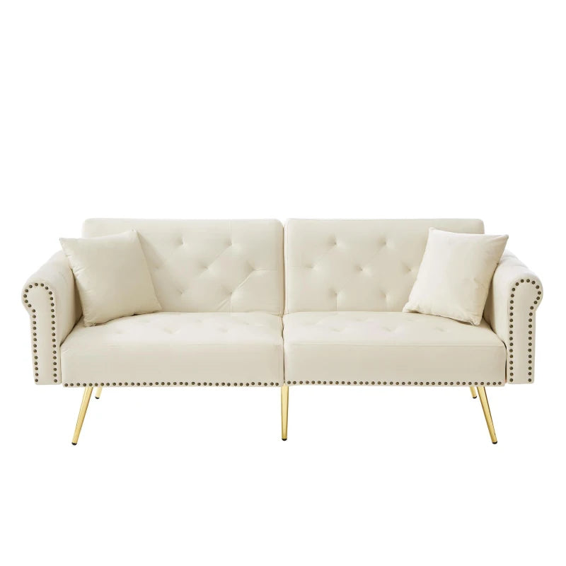 White Velvet 2-Seater Sofa Bed with Independent Backrests and Gold Metal Legs – 177 x 74 x 71 cm