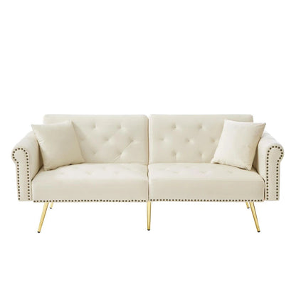 White Velvet 2-Seater Sofa Bed with Independent Backrests and Gold Metal Legs – 177 x 74 x 71 cm