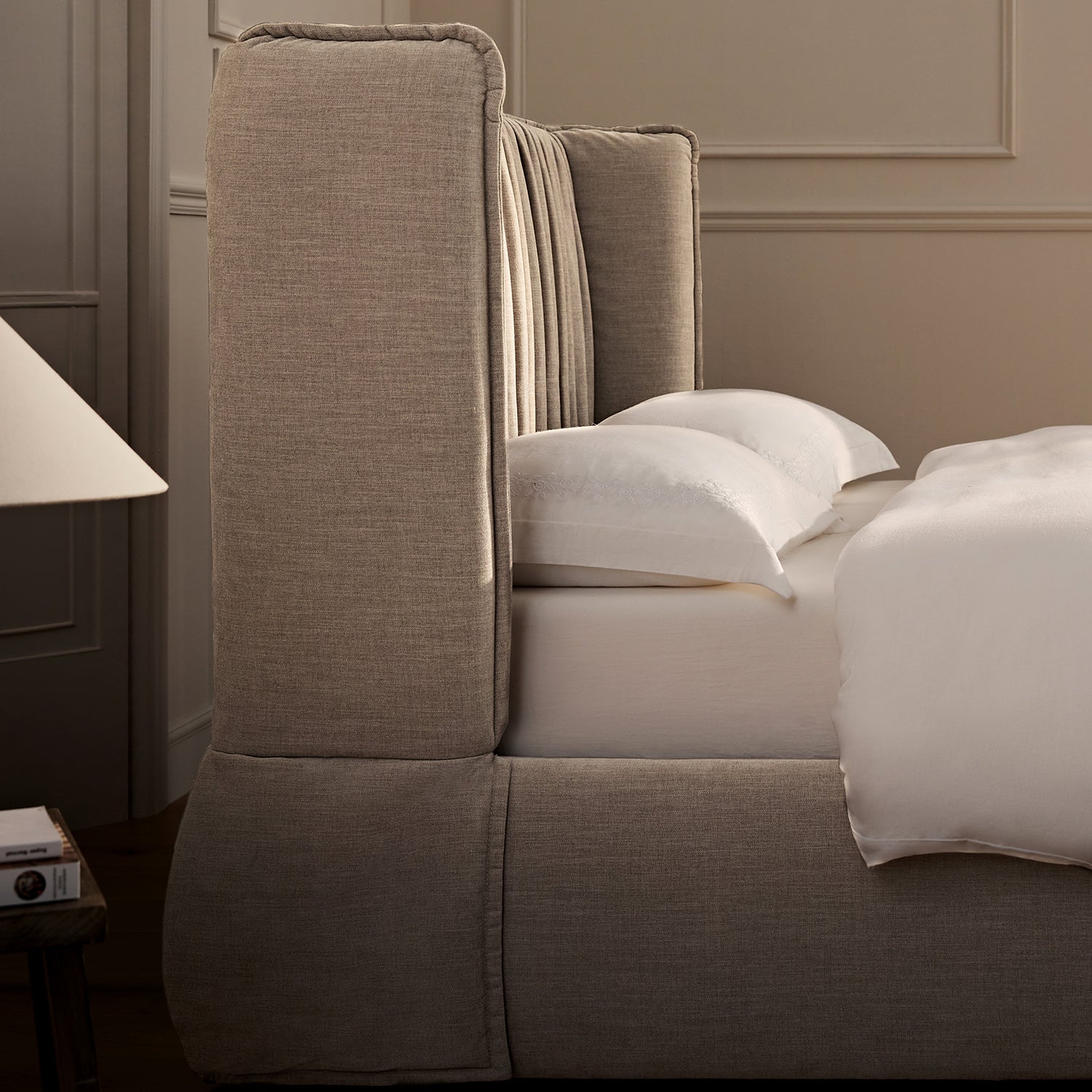 Astrid Ruched Wingback Bed, Oatmeal Chenille