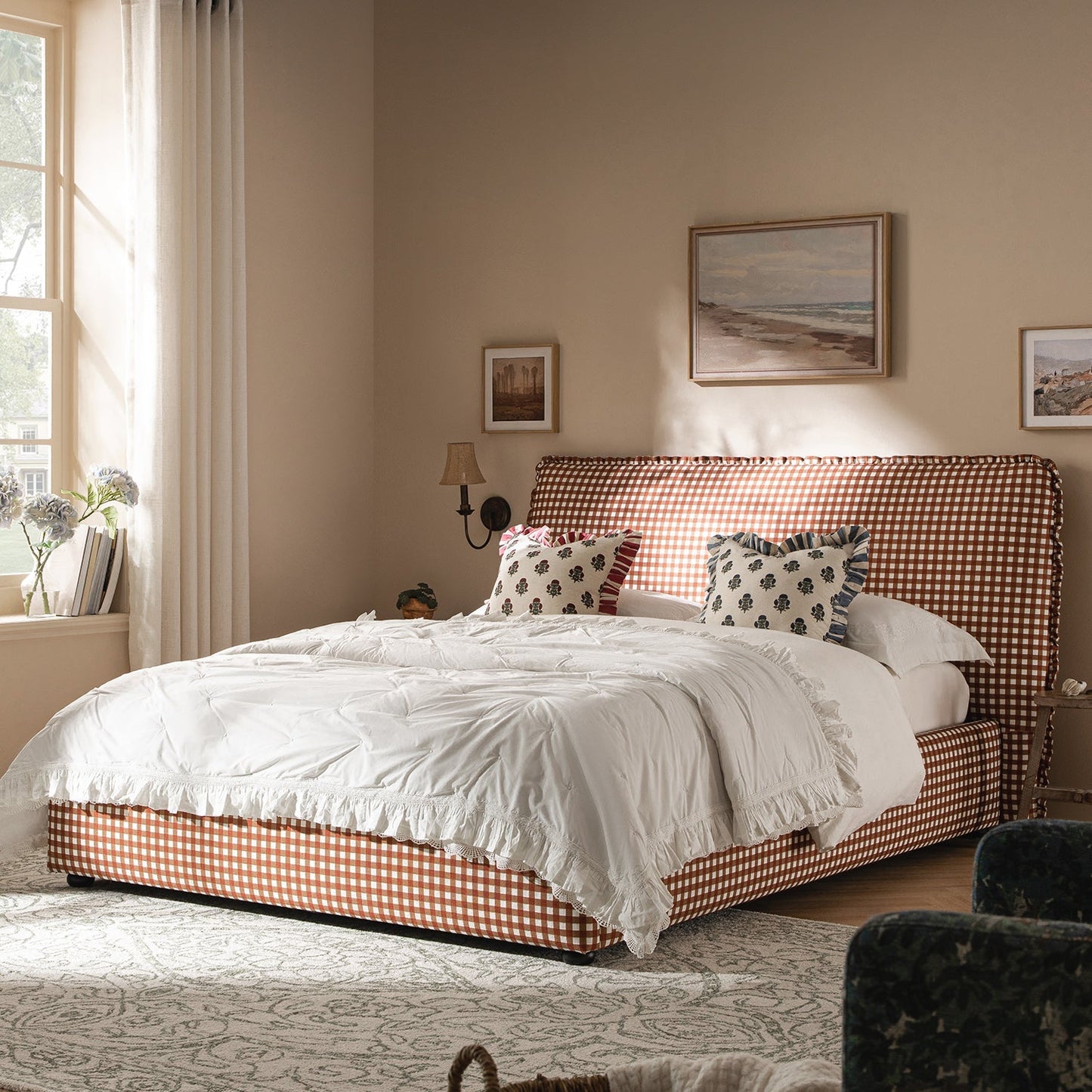Celeste Upholstered Bed with Storage with Ruffled Headboard, Brick Gingham