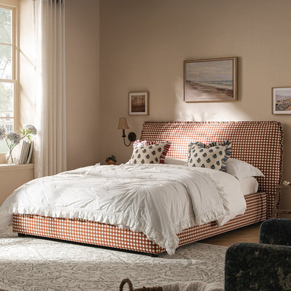 Celeste Upholstered Bed with Storage with Ruffled Headboard, Brick Gingham