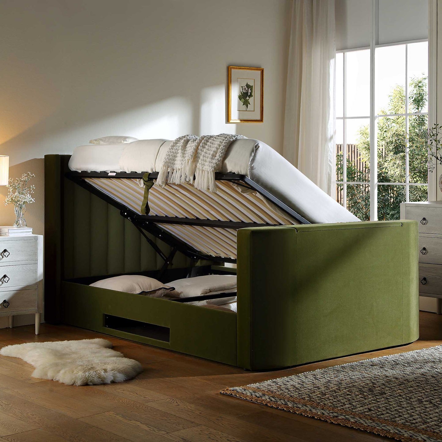 Wilton Moss Green Velvet TV Bed with Ottoman Storage