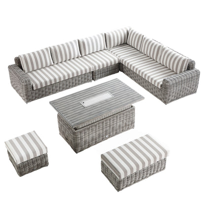 Bellagio Round Wicker Large Corner Casual Dining Set with Rising Firepit Table, Light Grey with Taupe Stripes
