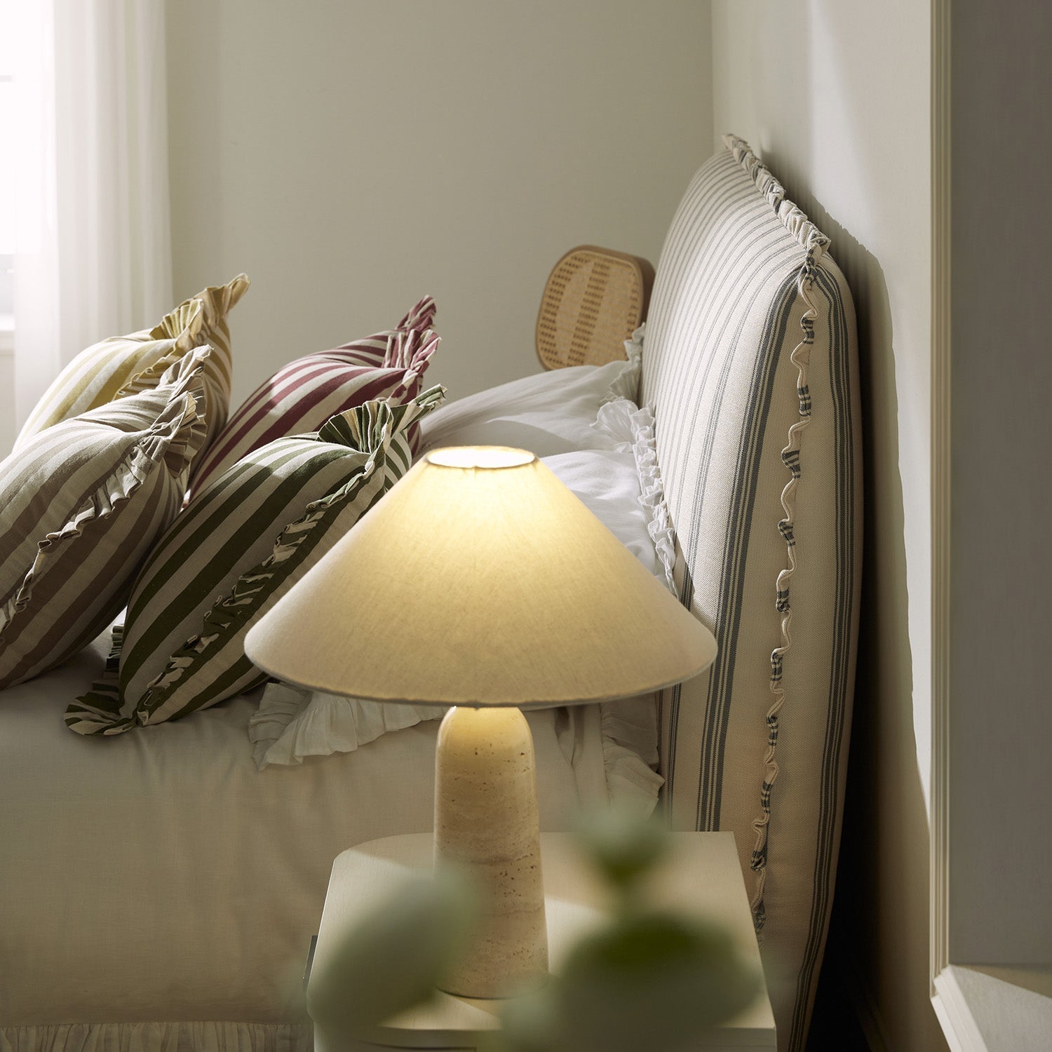 Celeste Upholstered Bed with Storage with Ruffled Headboard, Laurel Green Stripe
