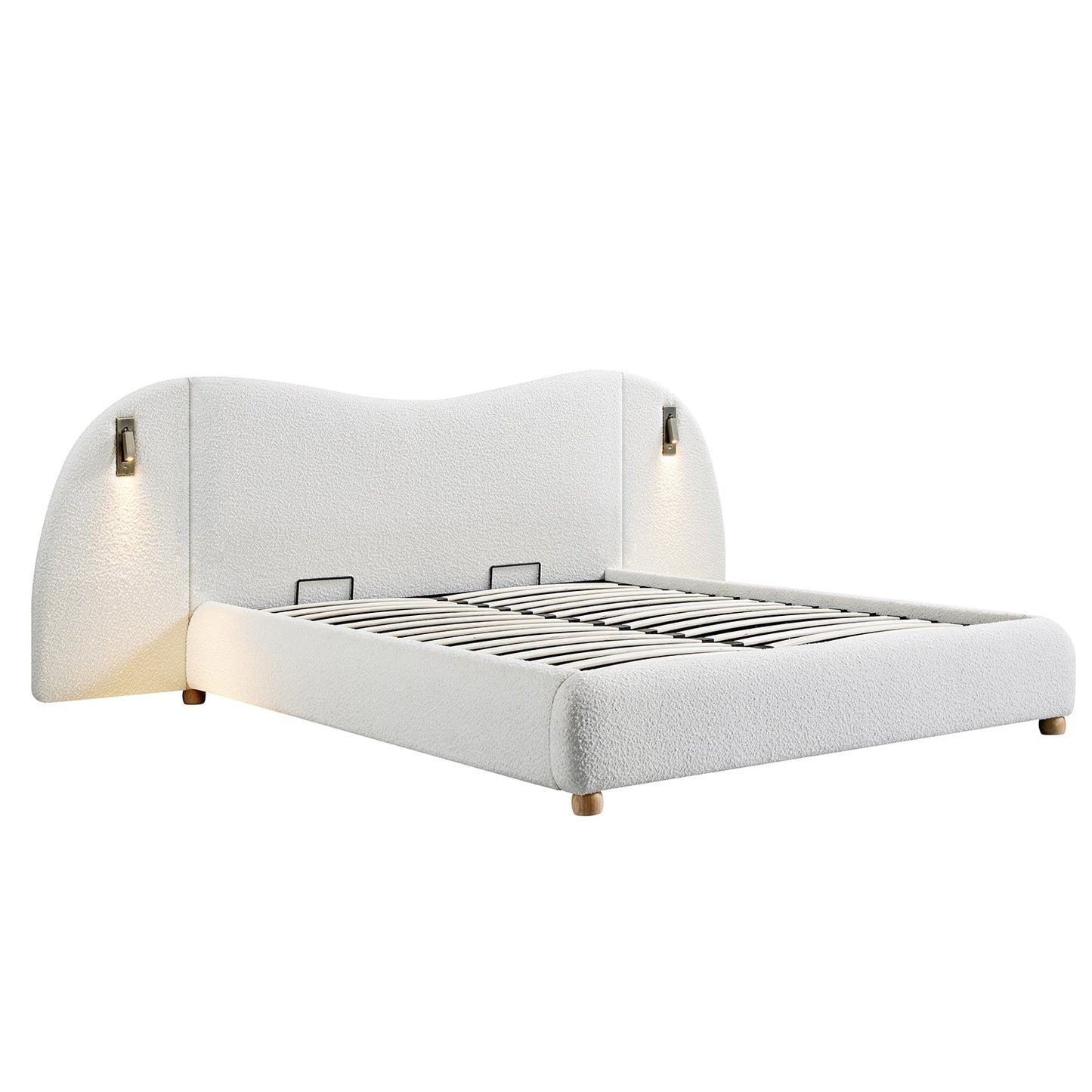 Egerie Extended Headboard Ottoman Bed with Storage, Beige Boucle