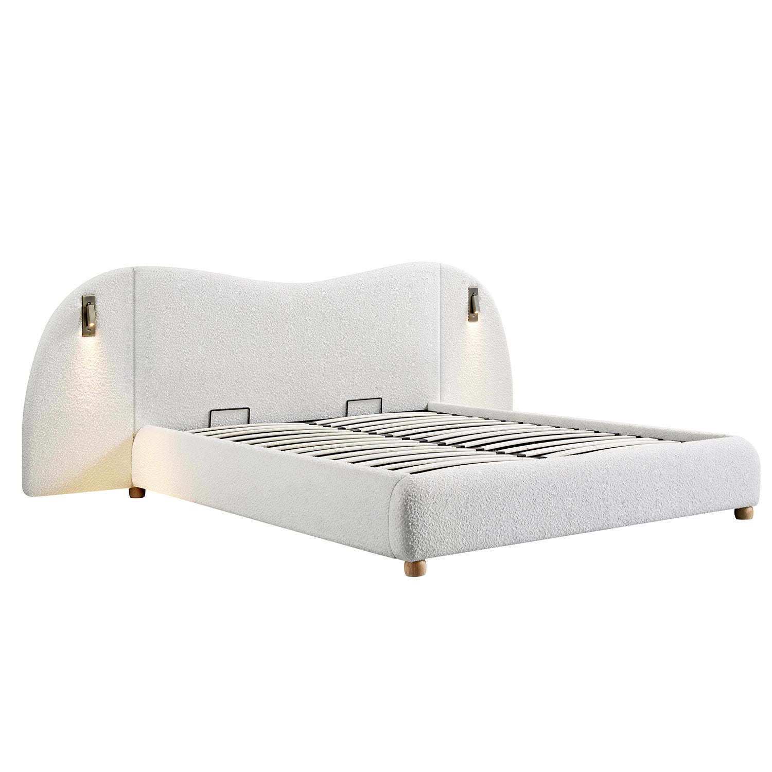 Egerie Extended Headboard Ottoman Bed with Storage, Beige Boucle