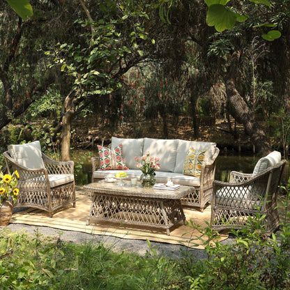Willowbrook Lattice Weave Rattan 5-Seater Outdoor Sofa Set with Rising Table, Natural