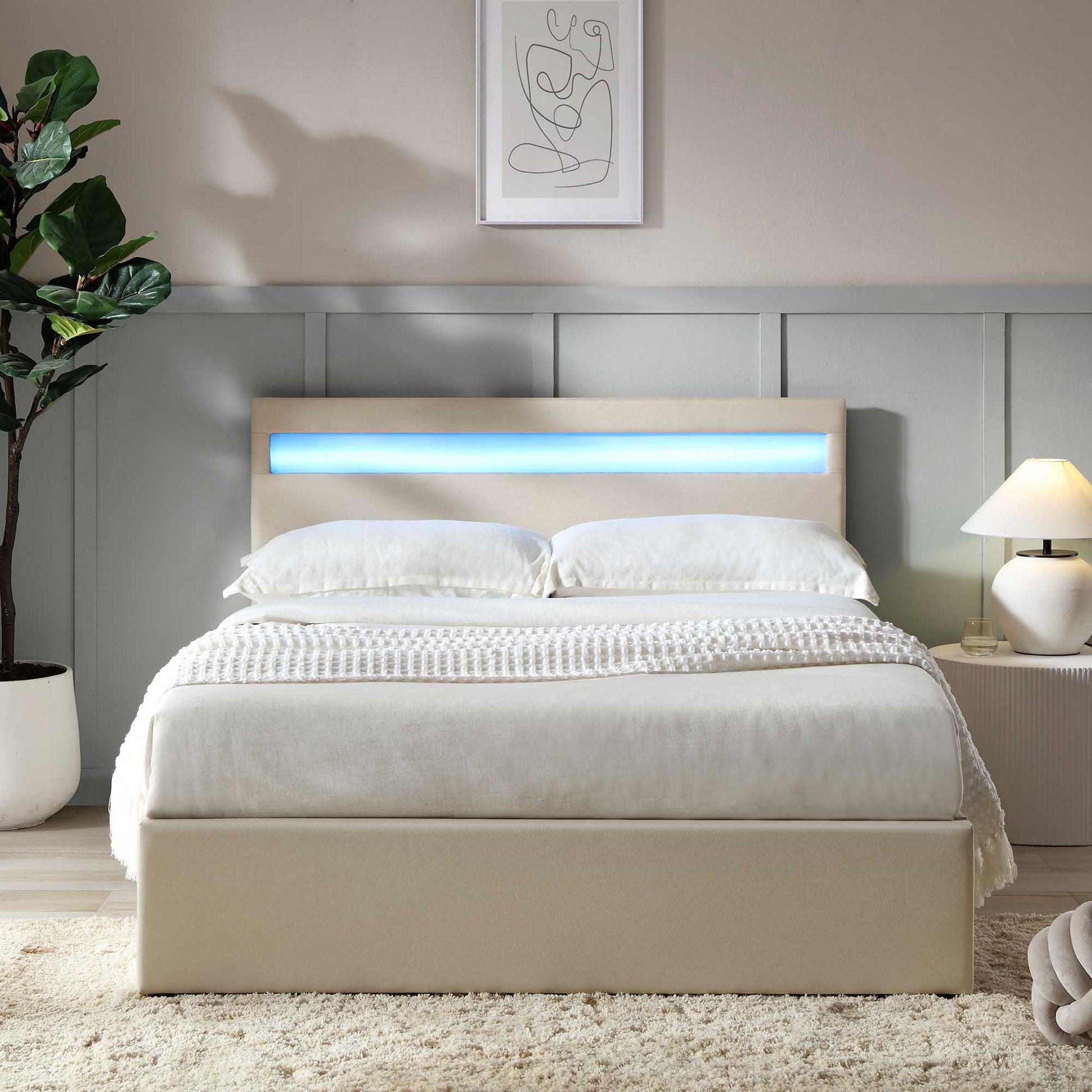 Pimlico End Opening Ottoman Bed with Storage Frame with Multi-colour LED Headboard (Beige Fabric)