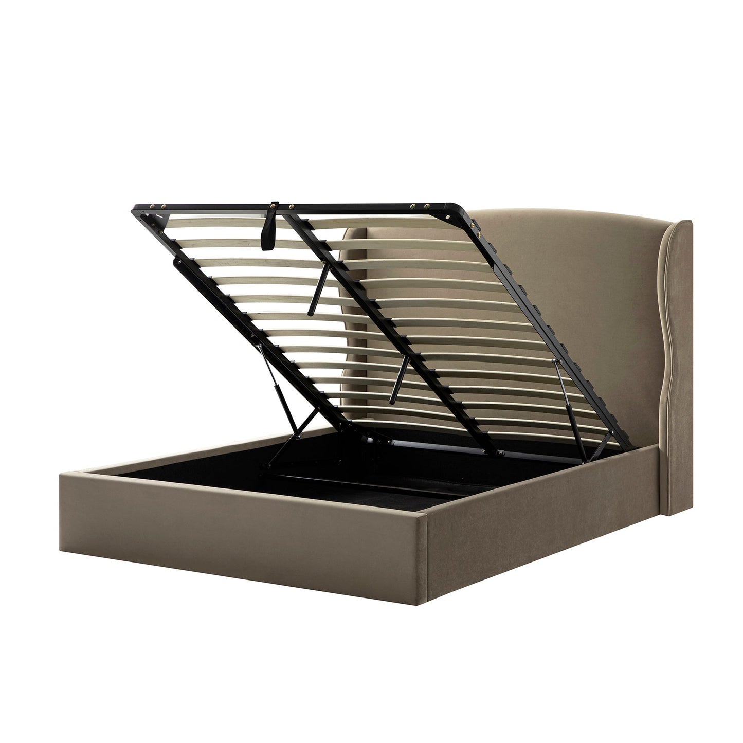 Kimberly Winged Upholstered Bed with Storage, Taupe Velvet