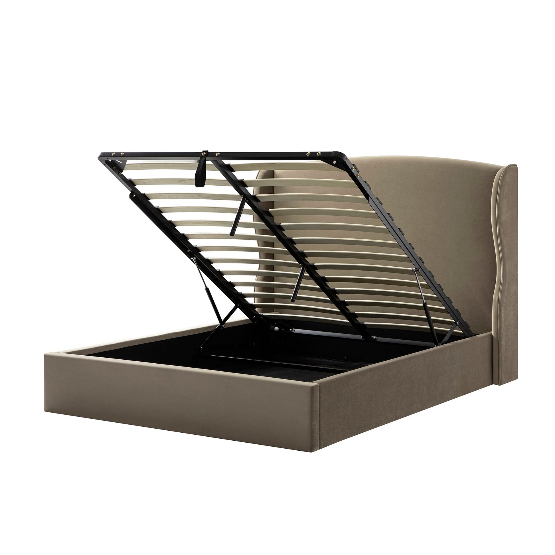Kimberly Winged Upholstered Bed with Storage, Taupe Velvet