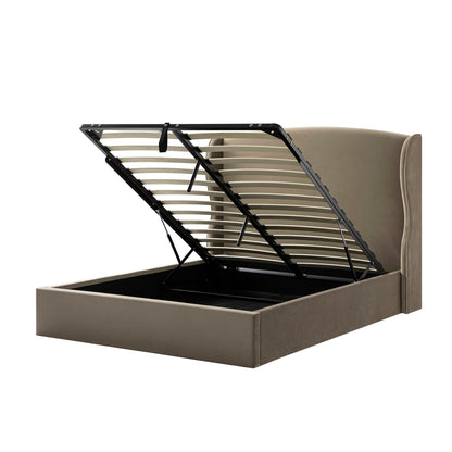Kimberly Winged Upholstered Bed with Storage, Taupe Velvet