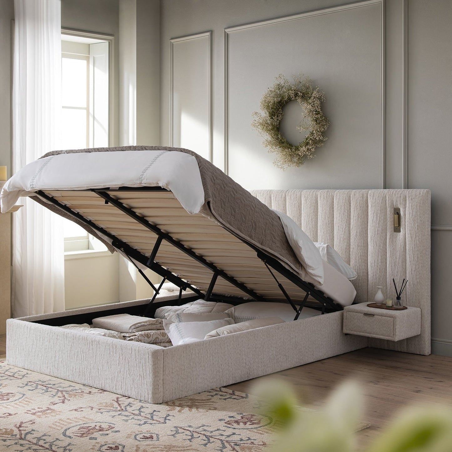 Tremezzo Oversized Ottoman Bed with Storage, Beige Textured Fabric