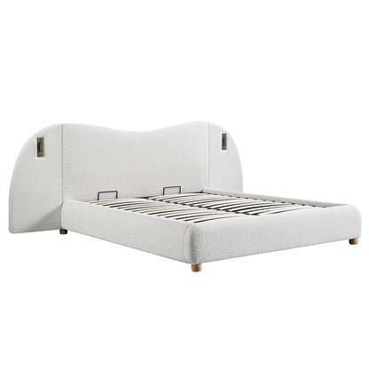 Egerie Extended Headboard Ottoman Bed with Storage, Beige Boucle