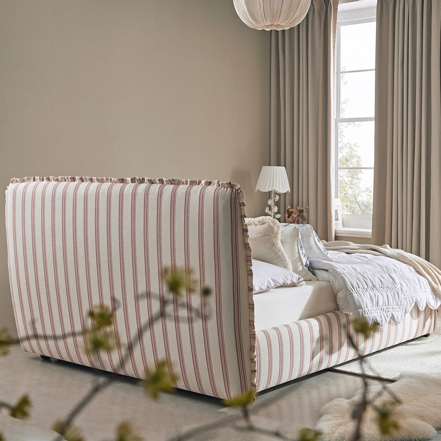 Celeste Upholstered Bed with Storage with Ruffled Headboard, Peony Red Stripe