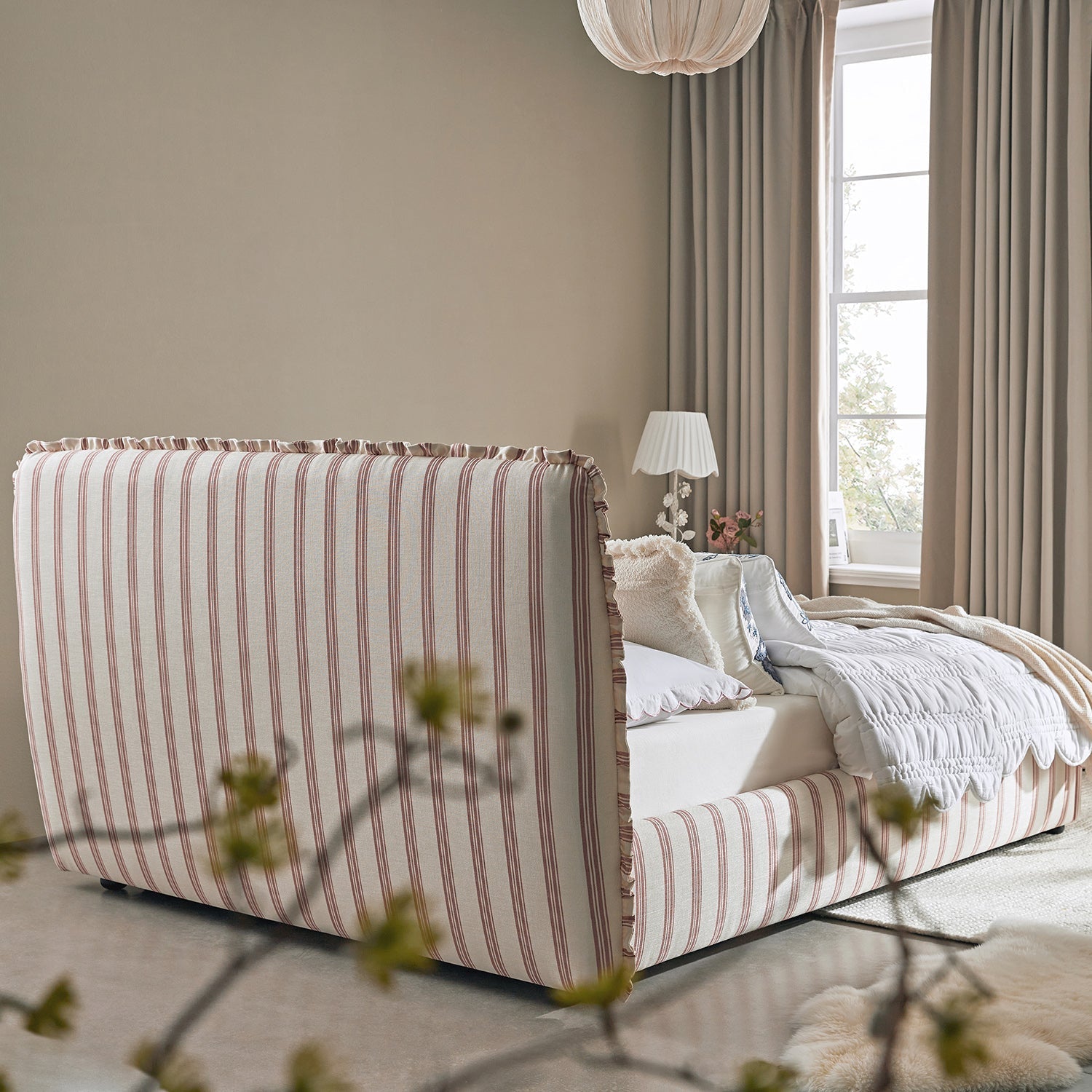 Celeste Upholstered Bed with Storage with Ruffled Headboard, Peony Red Stripe