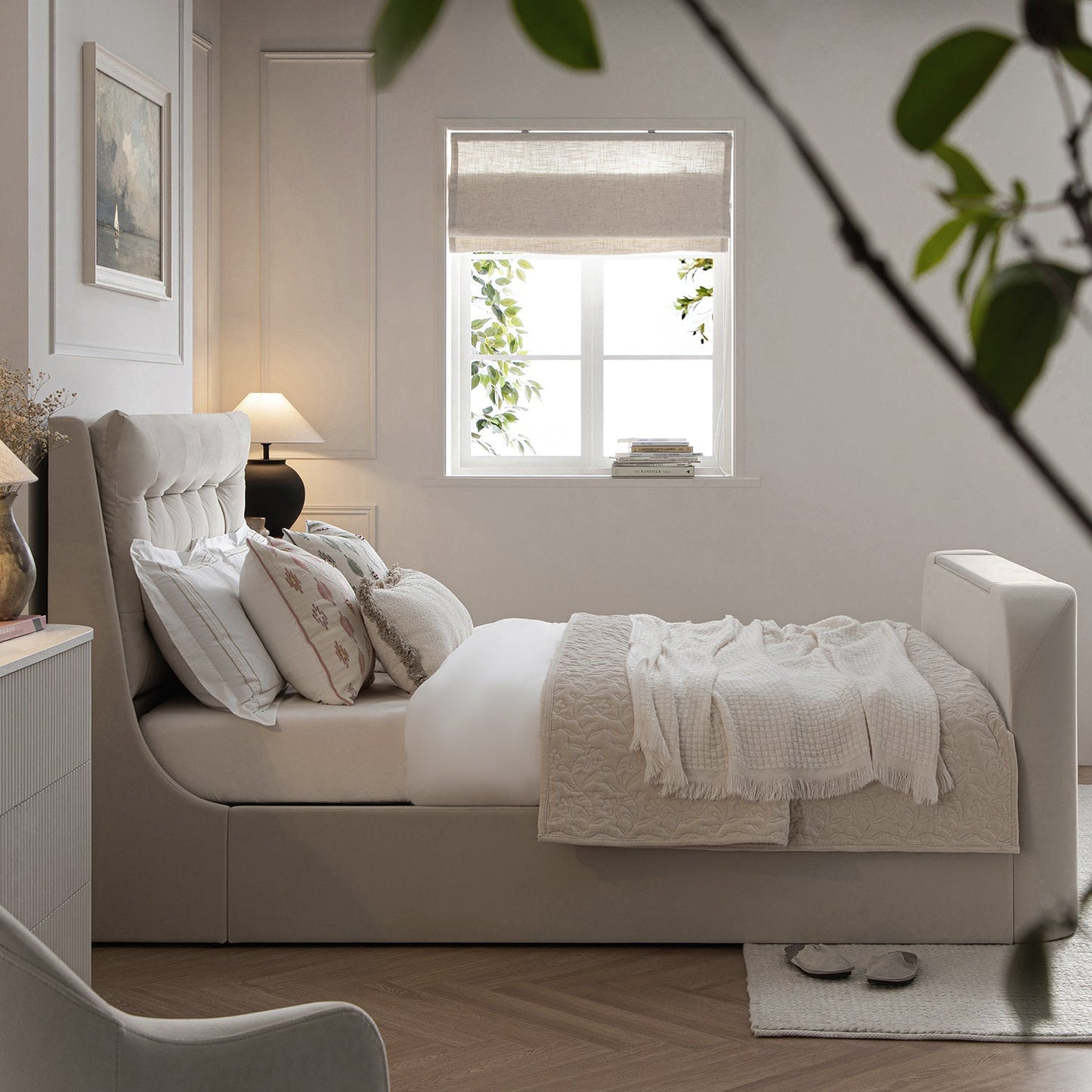 Hadley Champagne Velvet TV Bed with Ottoman Storage