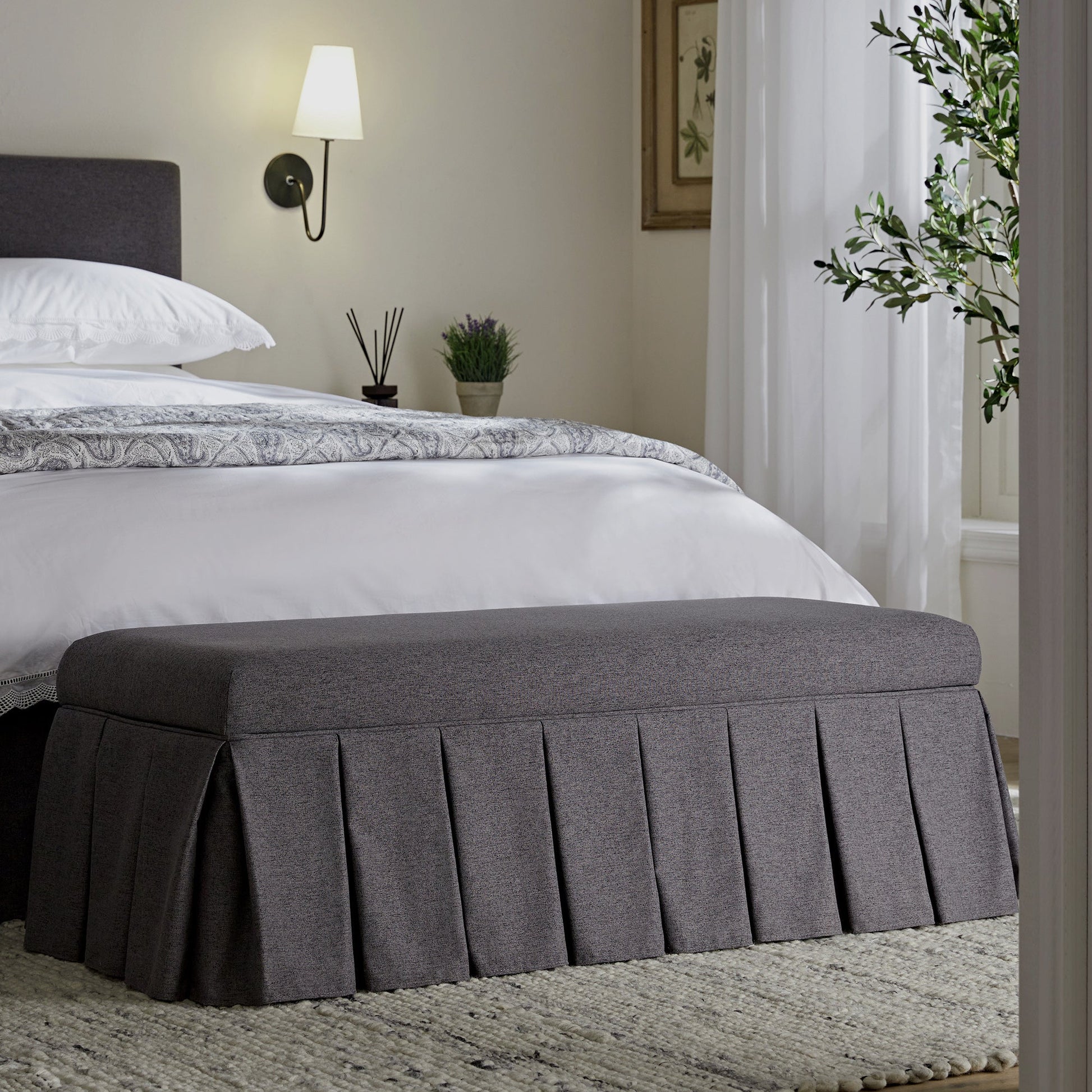 Egerton Box-Pleat Storage Bench, Charcoal Brushed Fabric