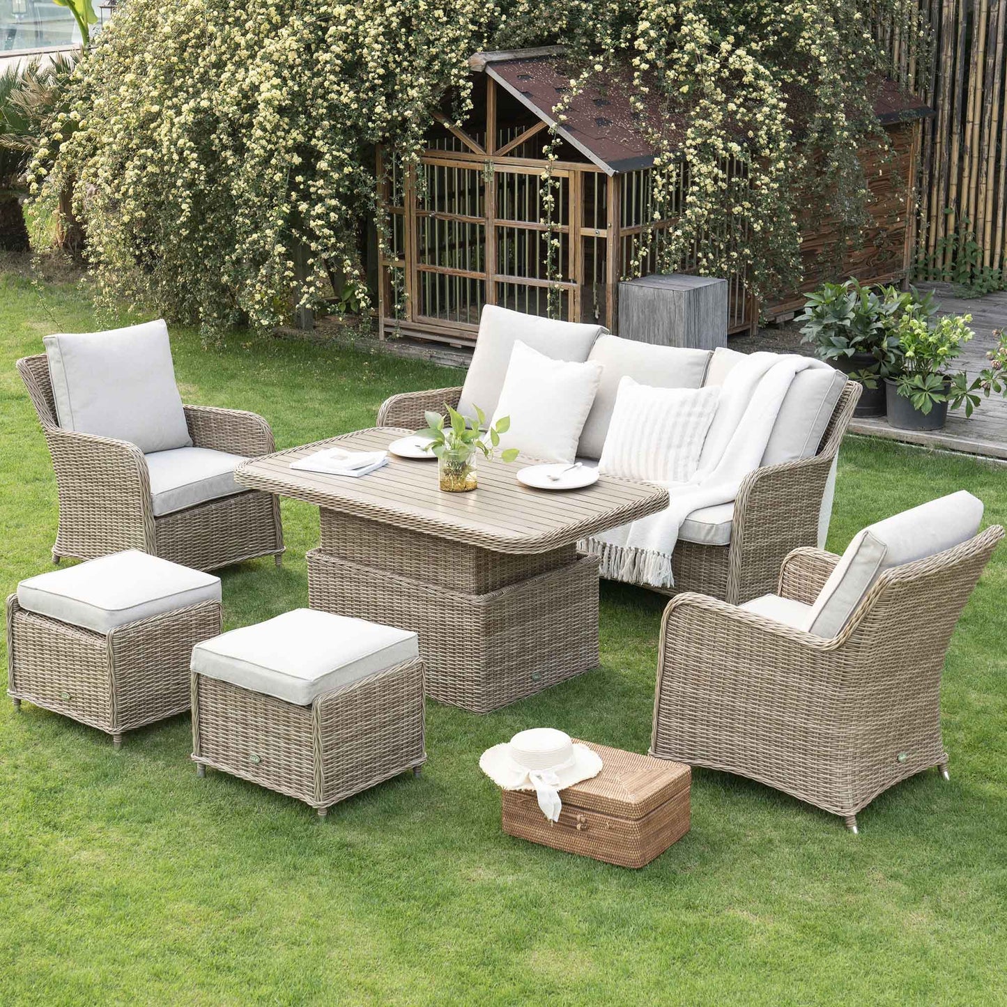 Hampshire 7-Seater Round Wicker Rattan Outdoor Sofa Set with Rising Table, Natural