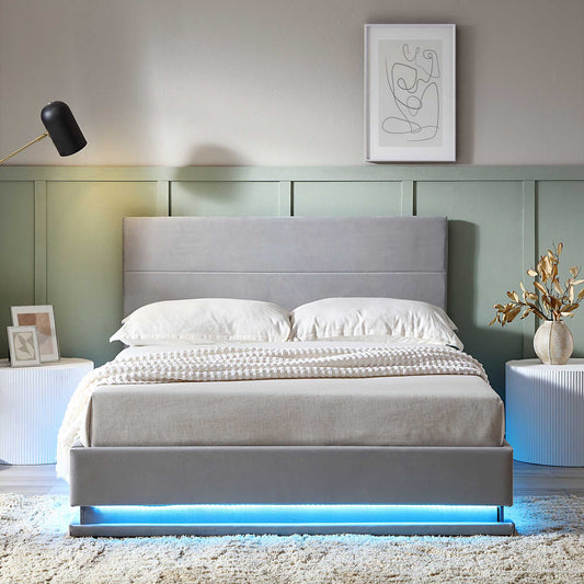 Buxton End Opening Ottoman Bed with Storage Frame with Multi-colour LED Light Strip (Light Grey Velvet)