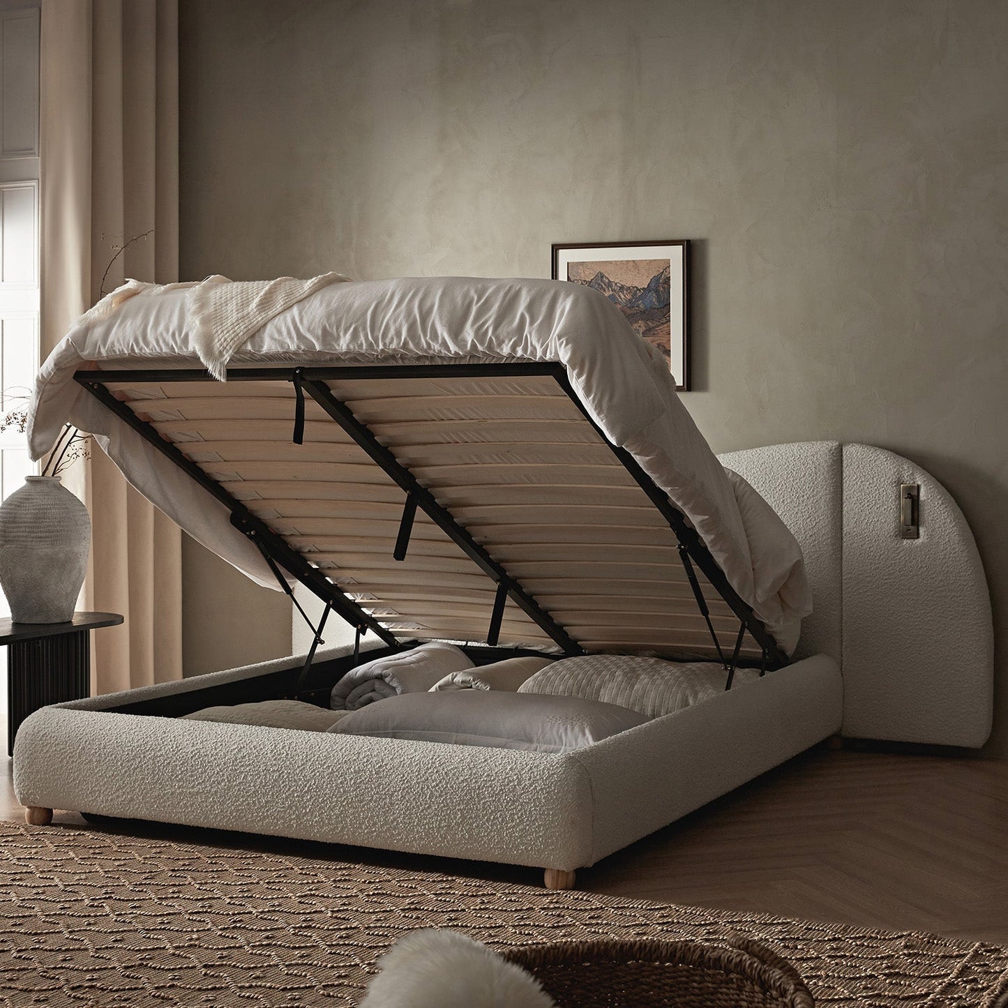 Egerie Extended Headboard Ottoman Bed with Storage, Beige Boucle